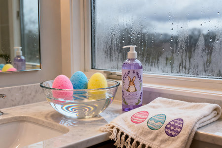 Easter eggs in a glass bowl with soap on the windowsillの素材