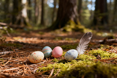 Colorful easter eggs with feathers in the forest. Selective focusの素材
