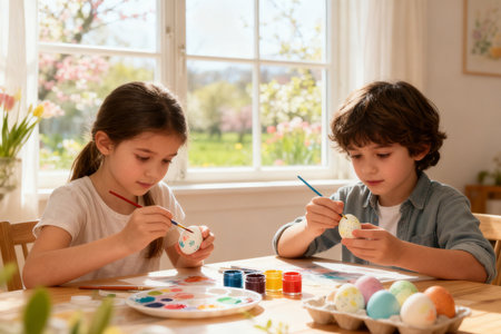 Happy children painting eggs for easter. Cute little boy and girl painting Easter eggs at homeの素材