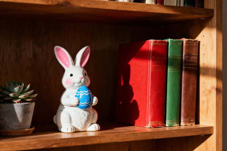 Easter bunny and easter eggs on bookshelf, selective focusの素材