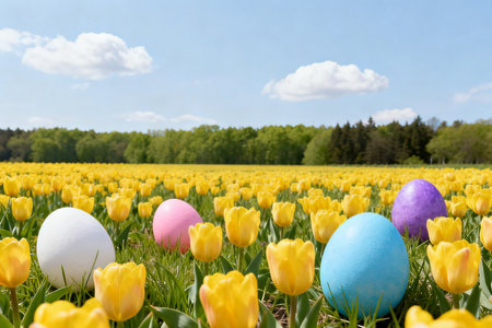 Colorful easter eggs and tulips in a field in springの素材