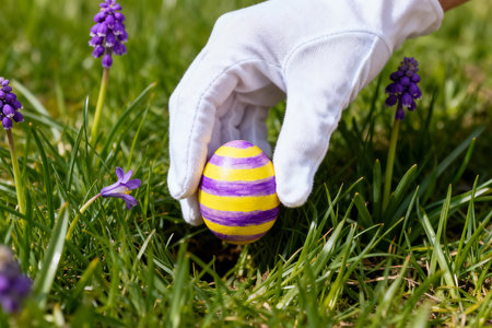 Hand in white glove holding painted easter egg on green grass.の素材