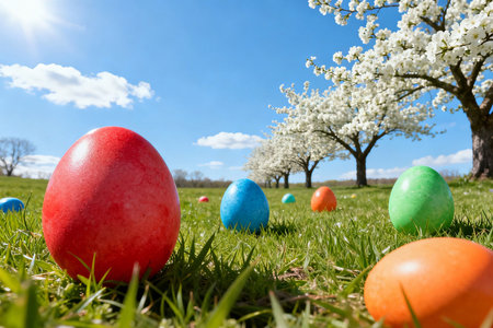 Colorful easter eggs on green grass with blooming tree backgroundの素材