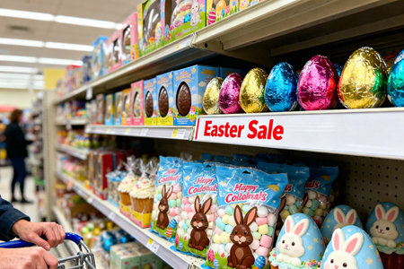 Easter eggs on a shelf in a supermarket. Easter shopping conceptの素材