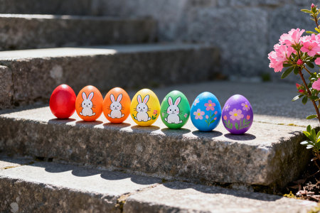 Colorful easter eggs in row on stone stairs. Happy easterの素材