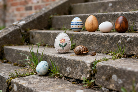 Decorated Easter eggs and snail on stone stairs in the gardenの素材