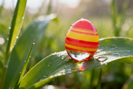 Colorful easter egg on the green grass with dew dropsの素材