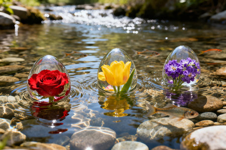 Colorful tulips and hyacinths floating in water with reflectionの素材
