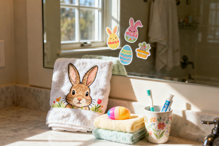 Easter decoration with bunny and painted eggs in bathroom. Happy Easter concept.の素材