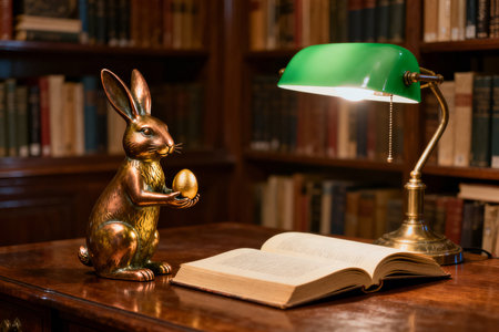 Easter bunny with book and lamp on wooden table in library.の素材
