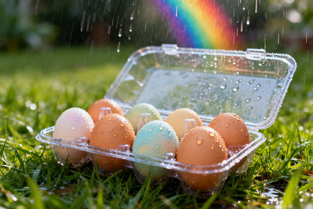 Easter eggs in plastic box on green grass with rainbow in backgroundの素材