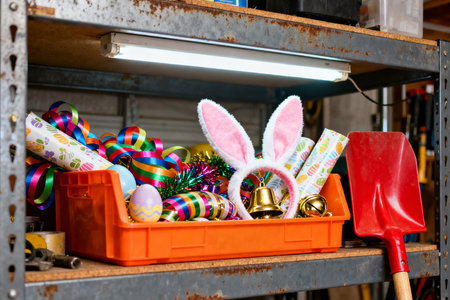 Easter eggs and bunny ears in a gift box on a shelfの素材