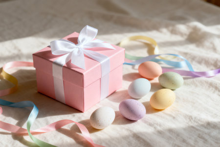 Gift box with ribbon and easter eggs on a white backgroundの素材