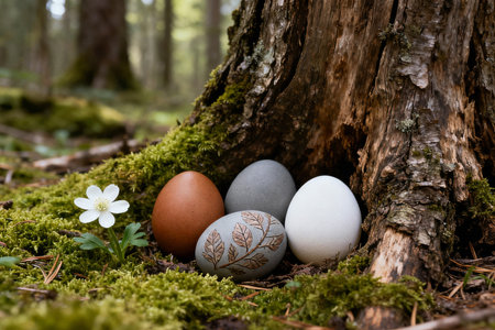 Easter eggs in the forest on a background of moss and treeの素材