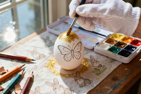 Easter egg painting with watercolors and a brush in the workshopの素材