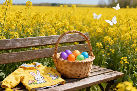 Easter basket with colorful eggs on a bench in a rape fieldの素材