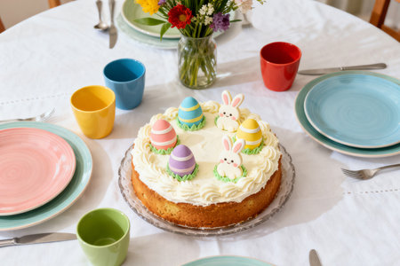 Easter cake with eggs and bunny on the table, selective focusの素材