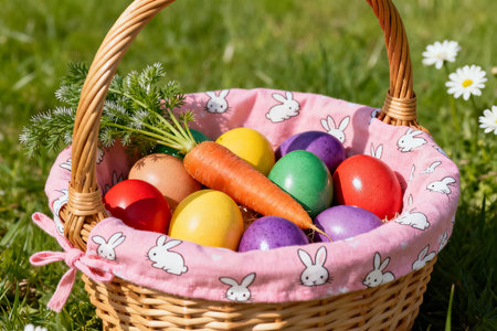 Easter basket with colorful eggs and carrots on green grass in gardenの素材