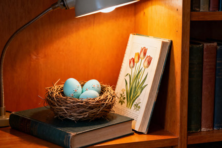 Easter eggs in a nest on a shelf with books and a lampの素材
