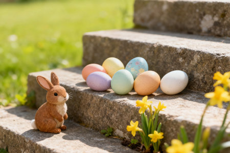 Easter bunny and easter eggs on stone stairs with daffodilsの素材