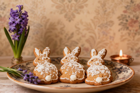 Easter gingerbread bunnies with icing sugar and flowers on a plateの素材