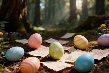 Colorful easter eggs in the forest. Happy Easter concept.の素材