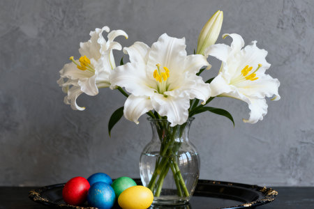 Easter still life with white lily and colored eggs on dark backgroundの素材