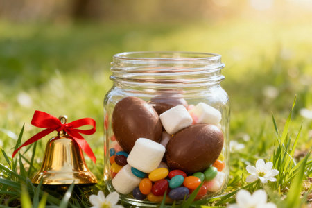 Chocolate candies in glass jar on green grass with bell.の素材