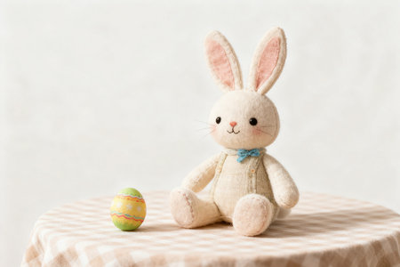 Easter bunny and easter egg on a white background with copy spaceの素材