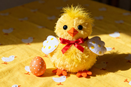 Cute Easter chicken with easter egg on yellow bedding.の素材