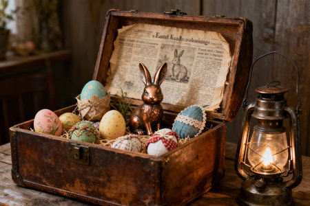 Easter eggs in an old wooden box with a candlestickの素材
