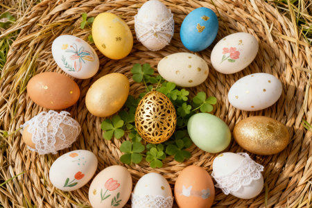 Colorful easter eggs in wicker basket on grass background.の素材