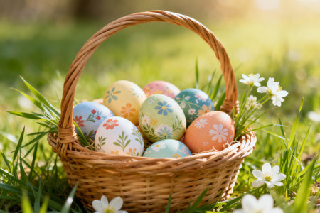 Colorful easter eggs in basket on green grass with white flowersの素材