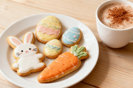 Easter cookies and cup of coffee on wooden background. Happy Easter concept.の素材