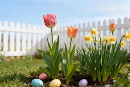 Easter eggs and tulips in the garden with white picket fenceの素材