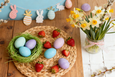 Easter eggs and spring flowers on a wooden background. Happy Easterの素材