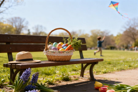 Easter basket with colored eggs on a wooden bench in the parkの素材