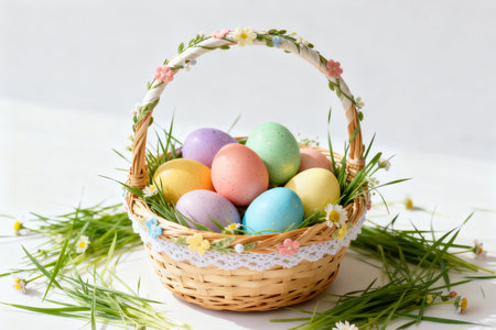 Easter eggs in a basket with grass and flowers on a white backgroundの素材