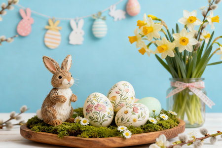 Easter decoration with eggs, rabbits and narcissus flowers on a blue backgroundの素材