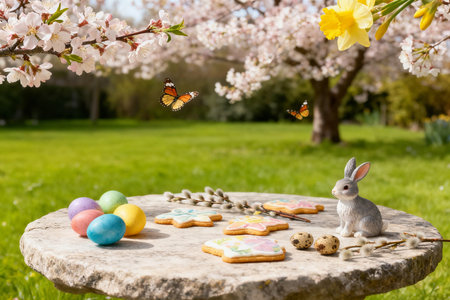 Easter eggs and cookies on a stone table in the garden.の素材