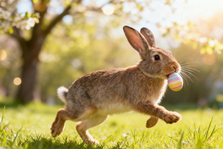 Cute little bunny running with easter egg in the spring gardenの素材