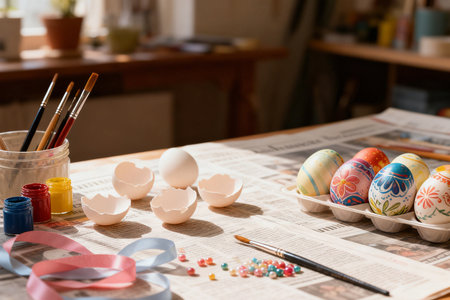 Easter eggs and paintbrushes on a wooden table in the kitchenの素材