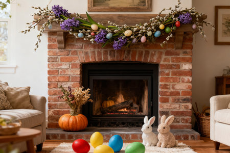 Easter decoration in the living room with a fireplace and colorful eggsの素材