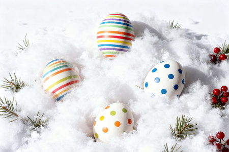 Colorful easter eggs in the snow with fir branches and berriesの素材