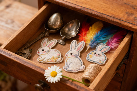 Handmade embroidered easter bunnies in a wooden boxの素材