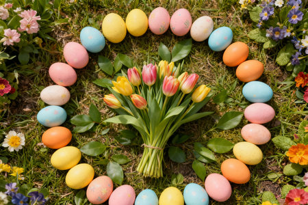 Colorful easter eggs in a basket with tulips and spring flowersの素材