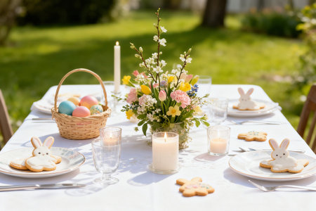 Easter table setting with spring flowers, easter eggs and cookiesの素材