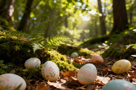 Colorful easter eggs in the forest, shallow depth of fieldの素材
