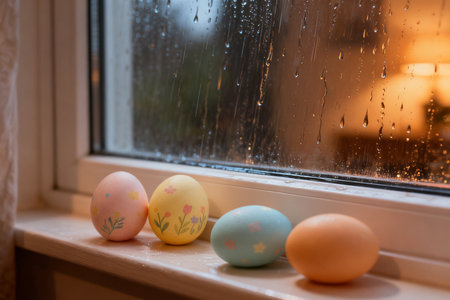 Easter eggs on the windowsill with raindrops. Happy Easter.の素材
