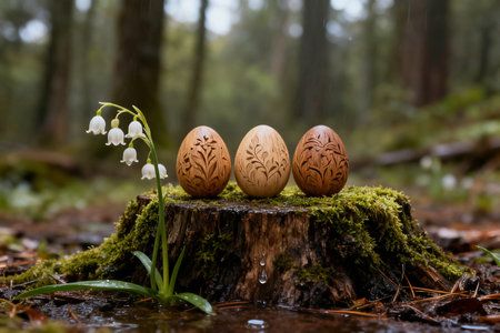 Easter eggs in the forest on a mossy tree stump.の素材